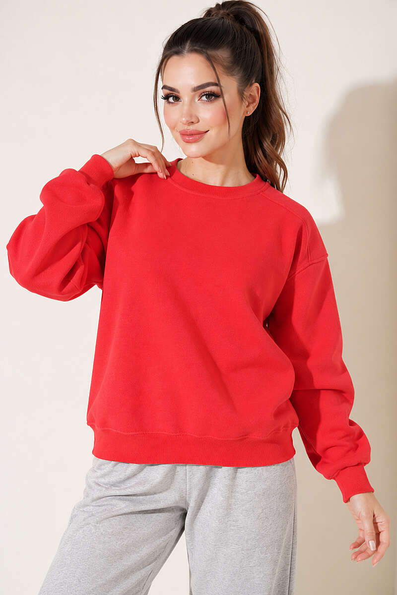 Basic Crew-Neck Three-Thread Sweatshirt - Red