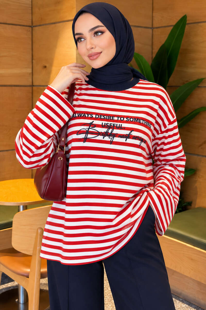 Printed Crew-Neck Tunic - Red