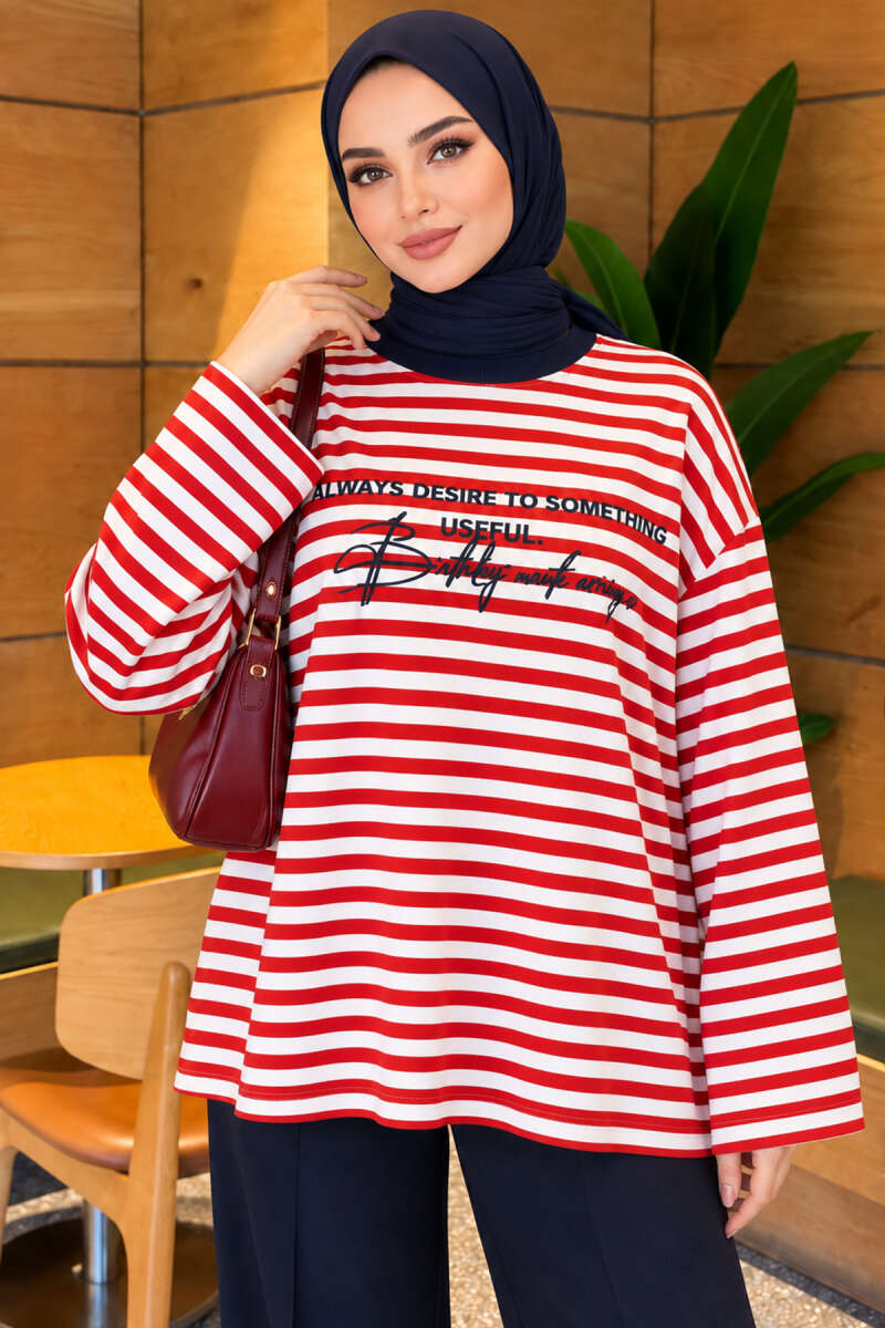 Printed Crew-Neck Tunic - Red
