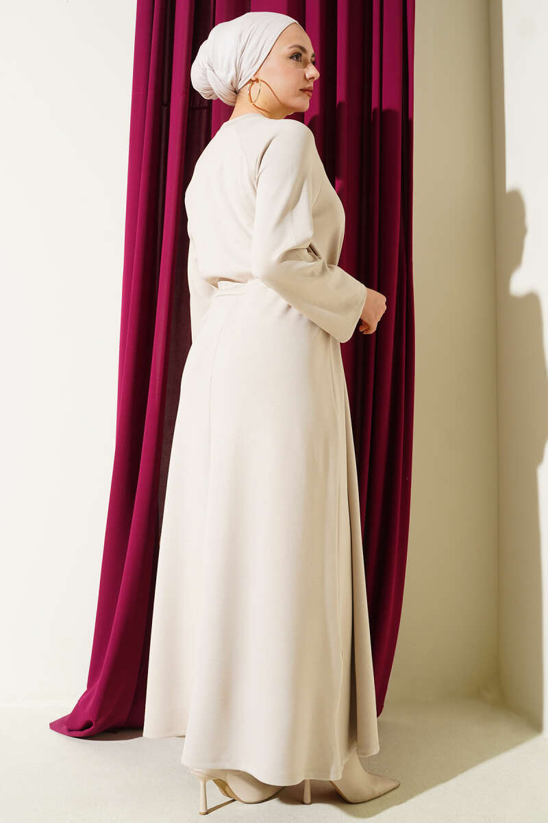 Crew-Neck Dress with Drawstring Waist - Beige