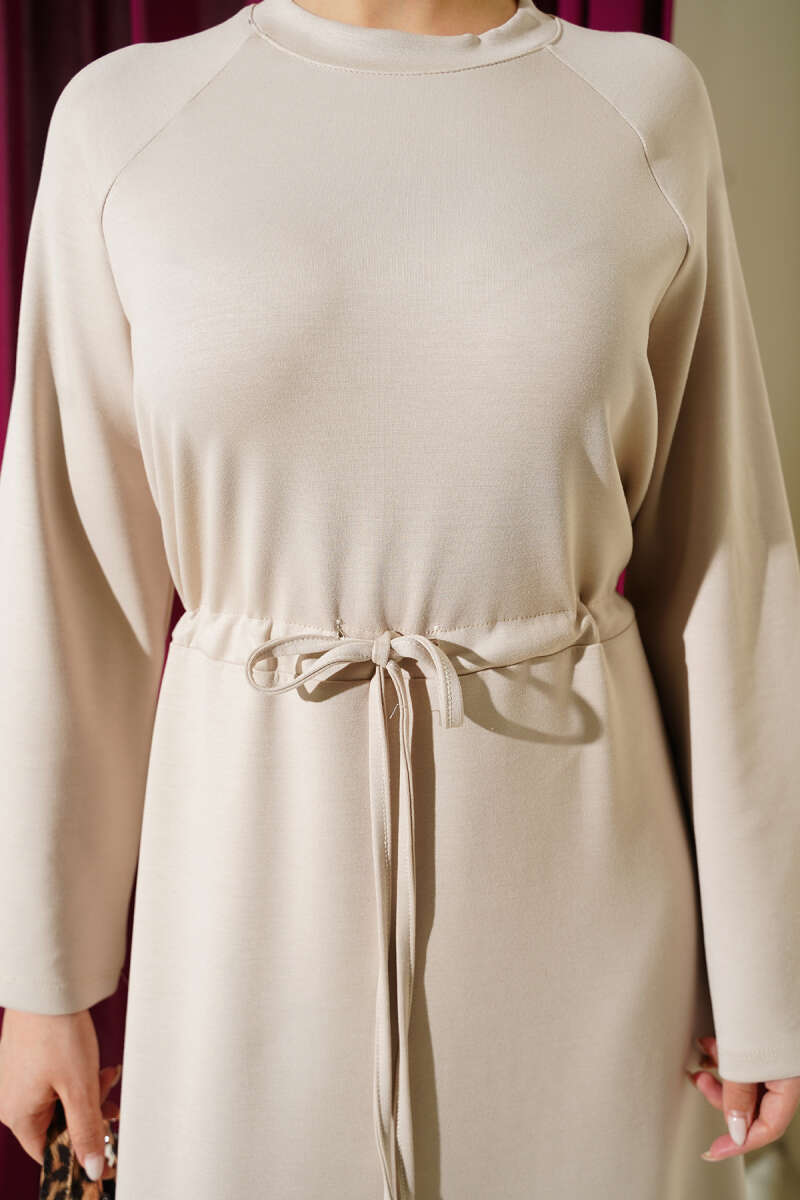 Crew-Neck Dress with Drawstring Waist - Beige