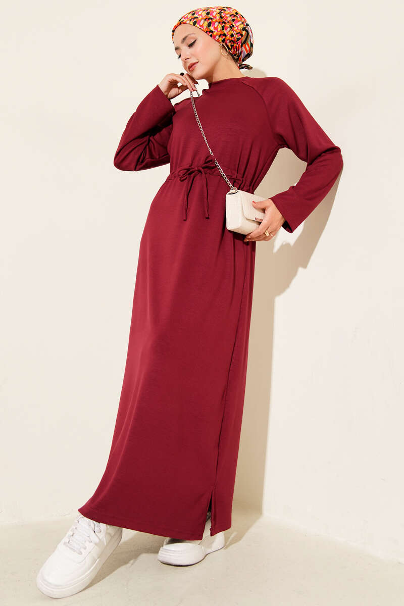 Crew-Neck Loycha Dress with Drawstring Waist - Burgundy