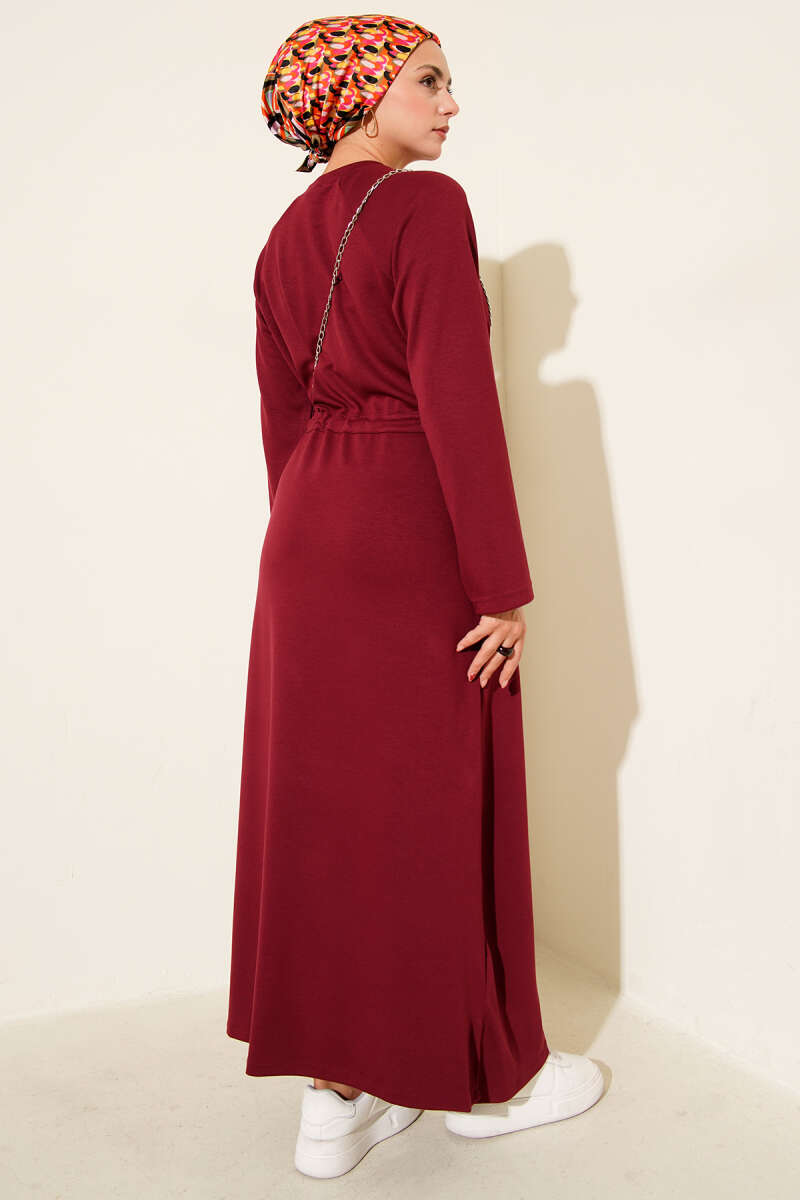 Crew-Neck Loycha Dress with Drawstring Waist - Burgundy