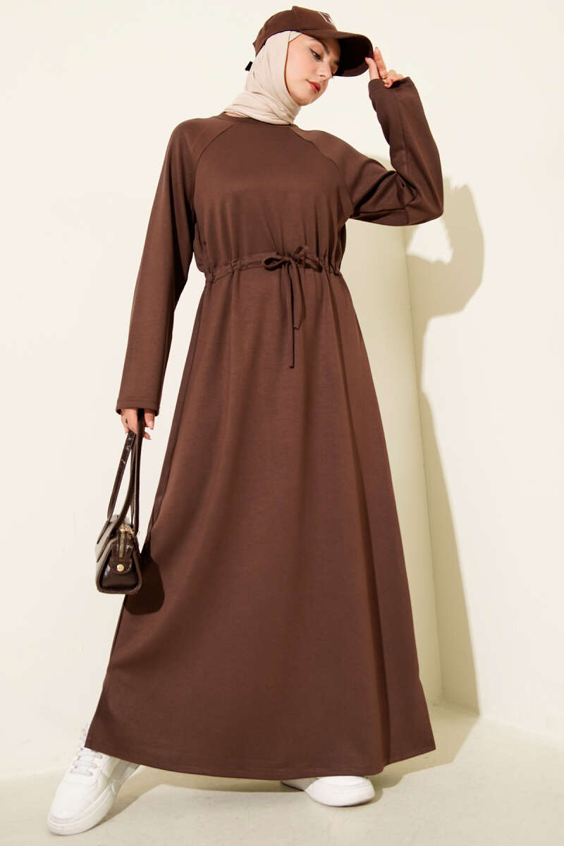 Crew-Neck Loycha Dress with Drawstring Waist - Brown