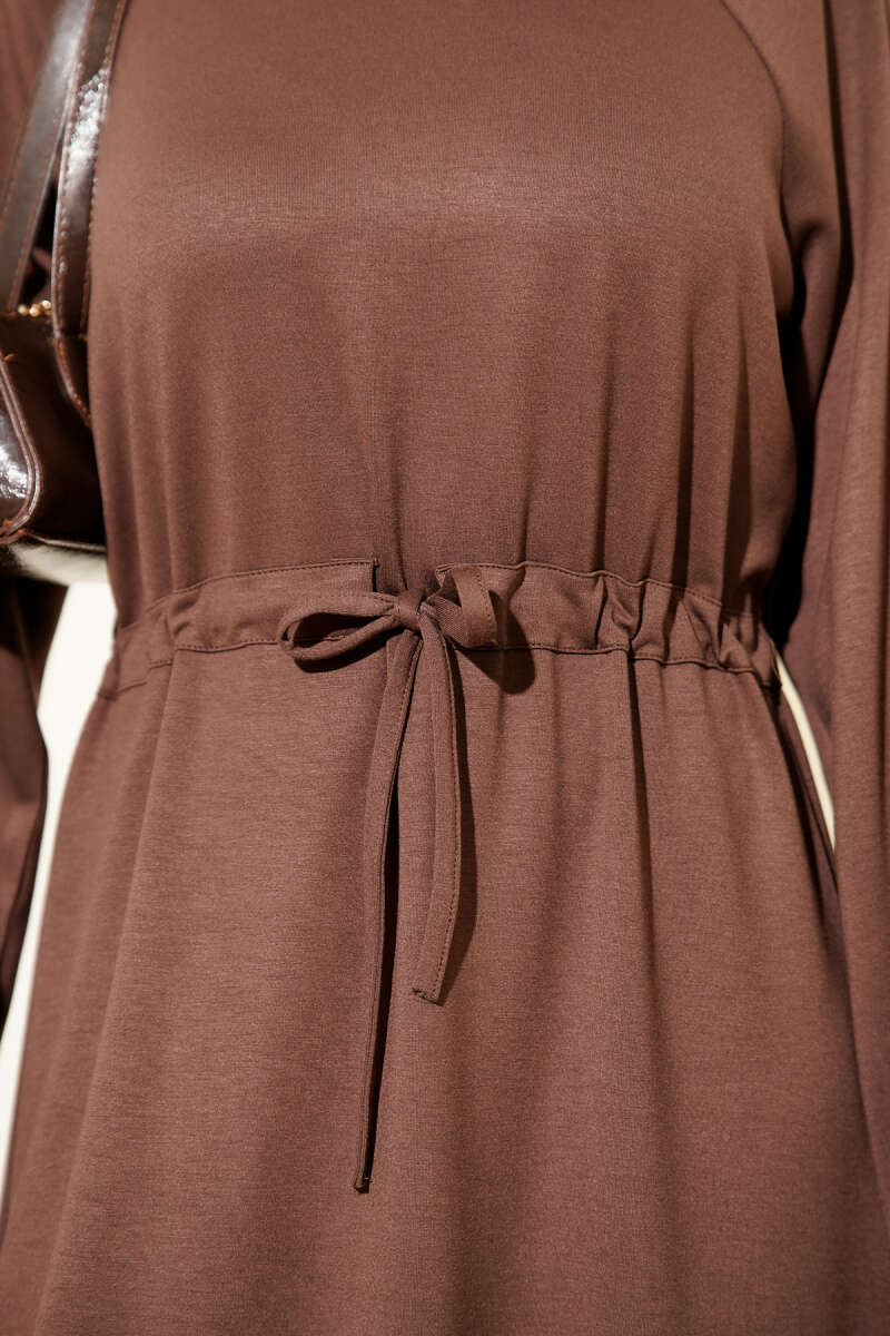 Crew-Neck Loycha Dress with Drawstring Waist - Brown