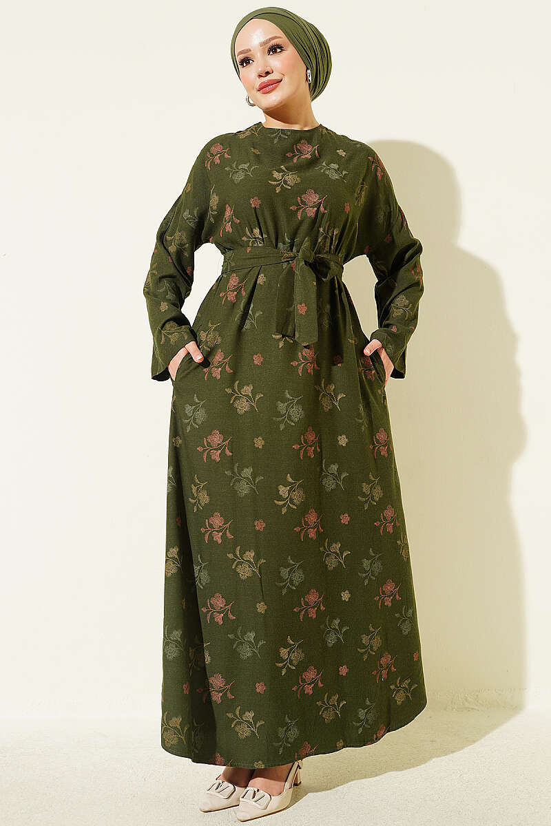 Crew-Neck Floral Embroidered Dress - Khaki
