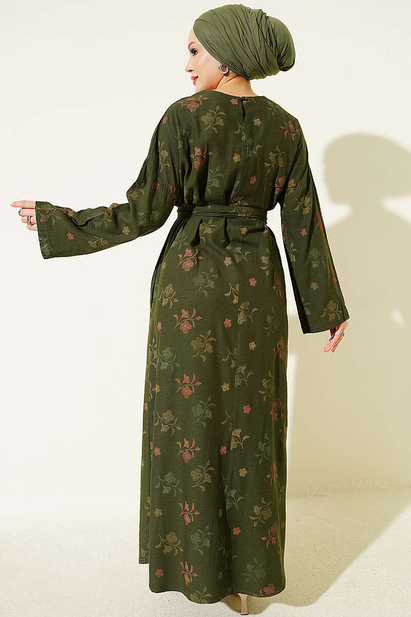 Crew-Neck Floral Embroidered Dress - Khaki