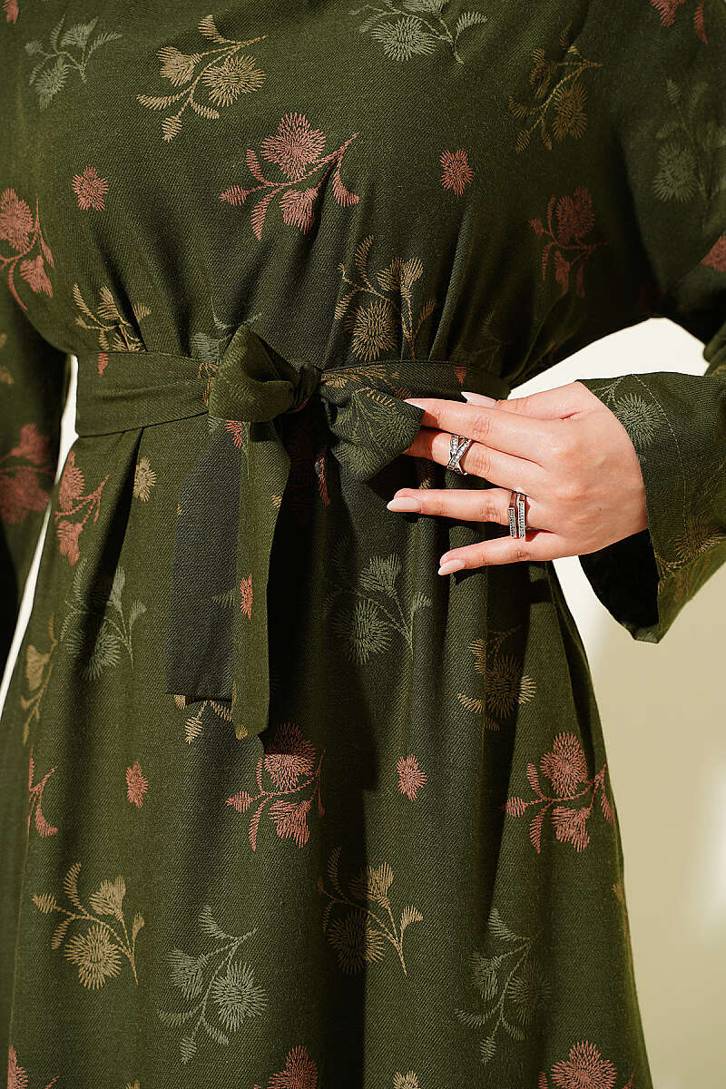 Crew-Neck Floral Embroidered Dress - Khaki