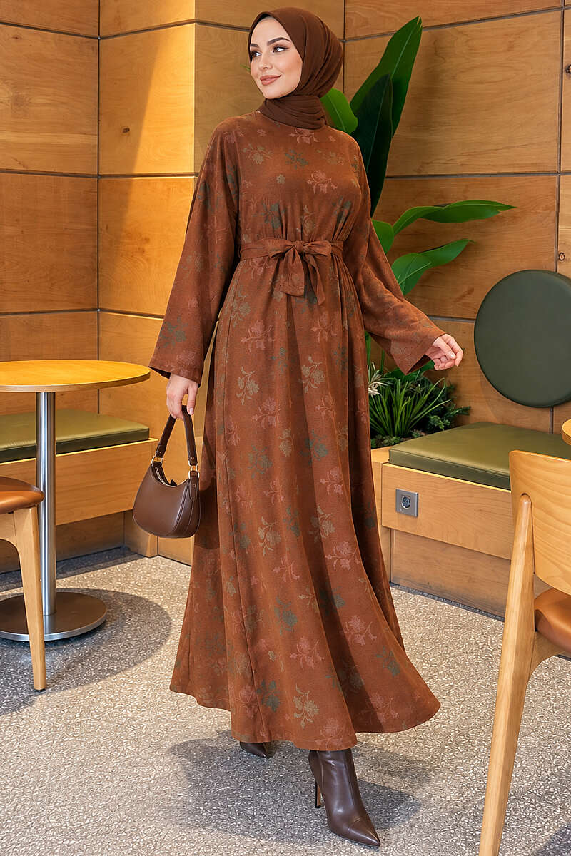 Crew-Neck Floral Embroidered Dress - Tan