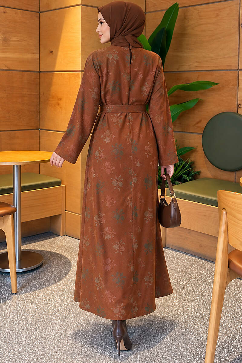 Crew-Neck Floral Embroidered Dress - Tan