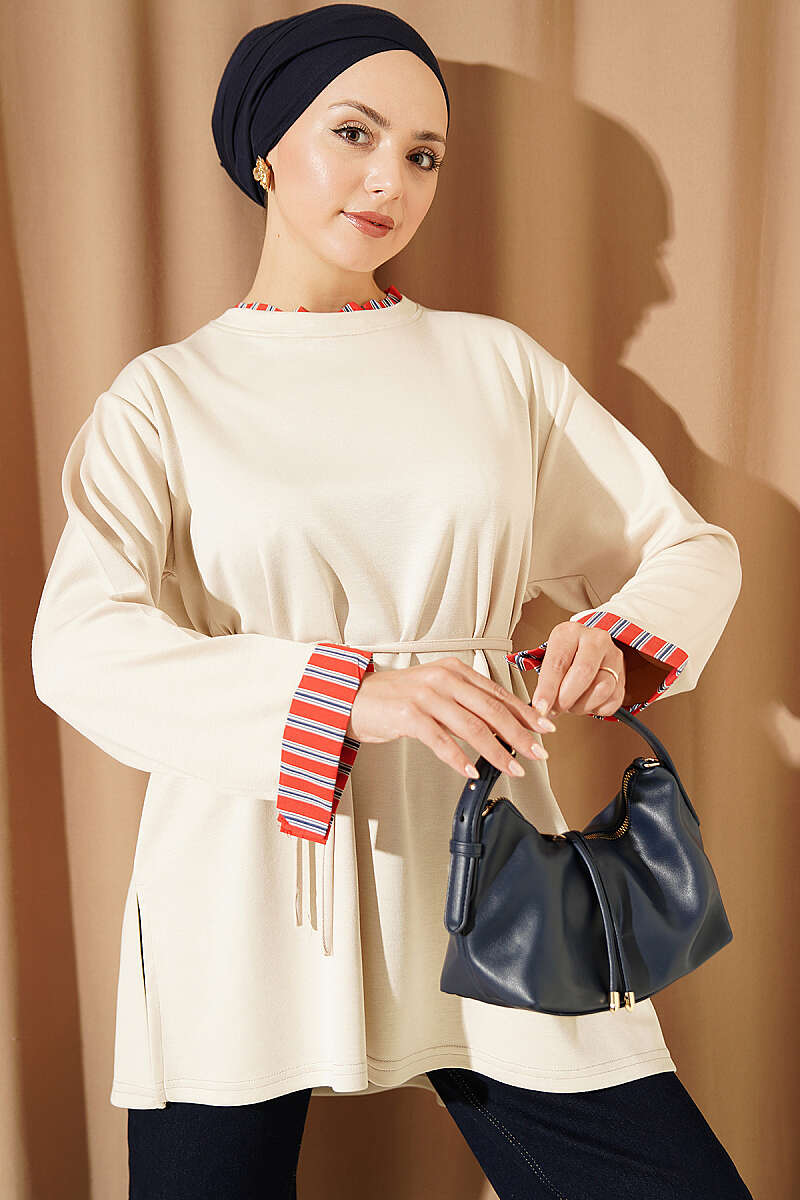 Crew-Neck Tunic with Line Trim - Beige