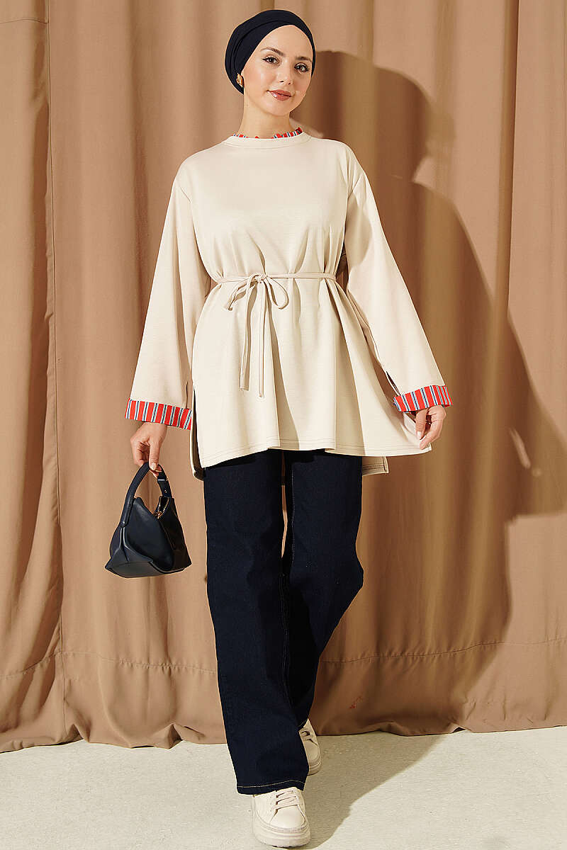 Crew-Neck Tunic with Line Trim - Beige