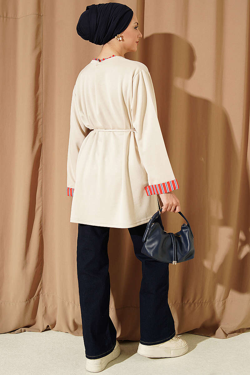 Crew-Neck Tunic with Line Trim - Beige