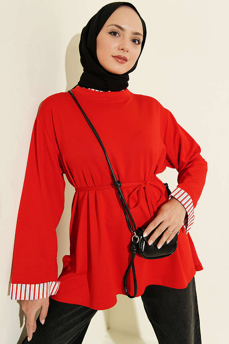 Crew-Neck Tunic with Line Trim - Red
