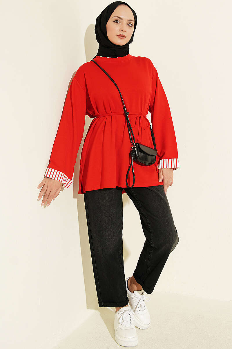 Crew-Neck Tunic with Line Trim - Red