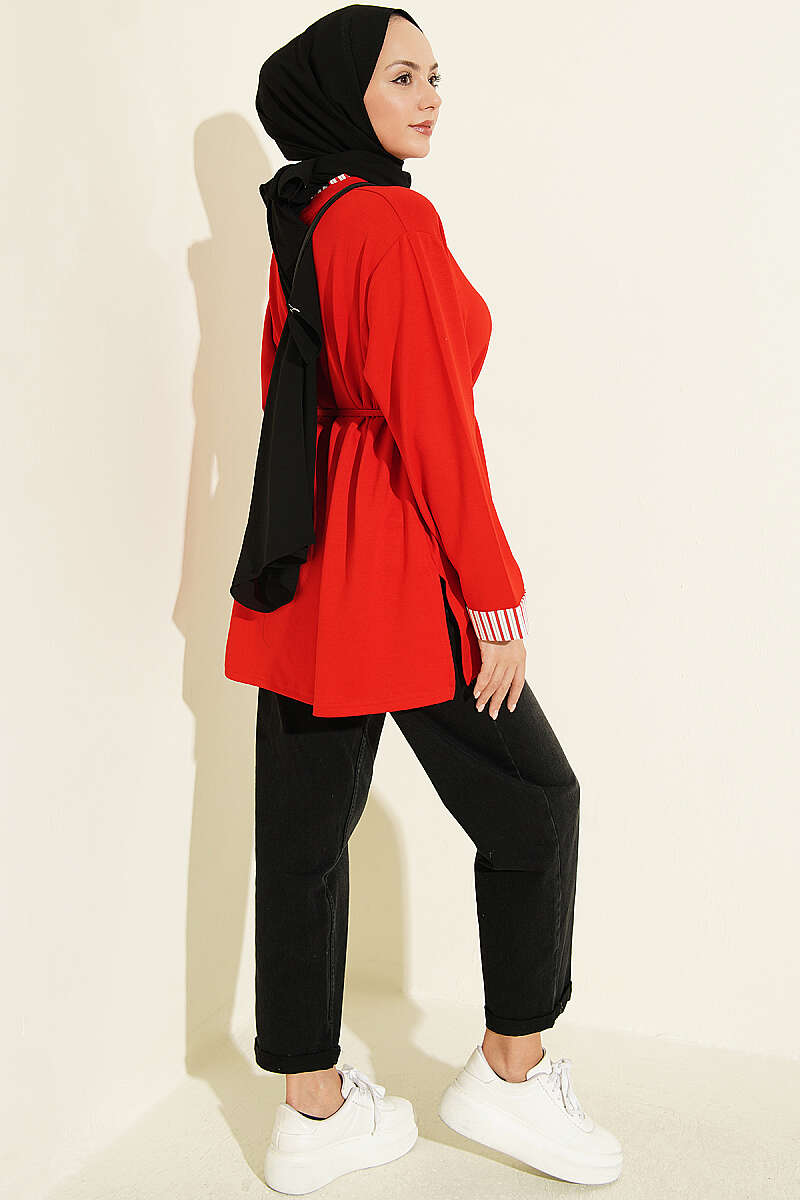 Crew-Neck Tunic with Line Trim - Red