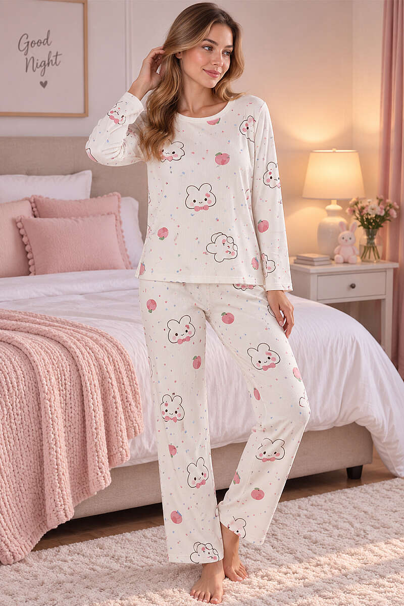 Crew-Neck Printed Pyjama Set - Multicolour 1