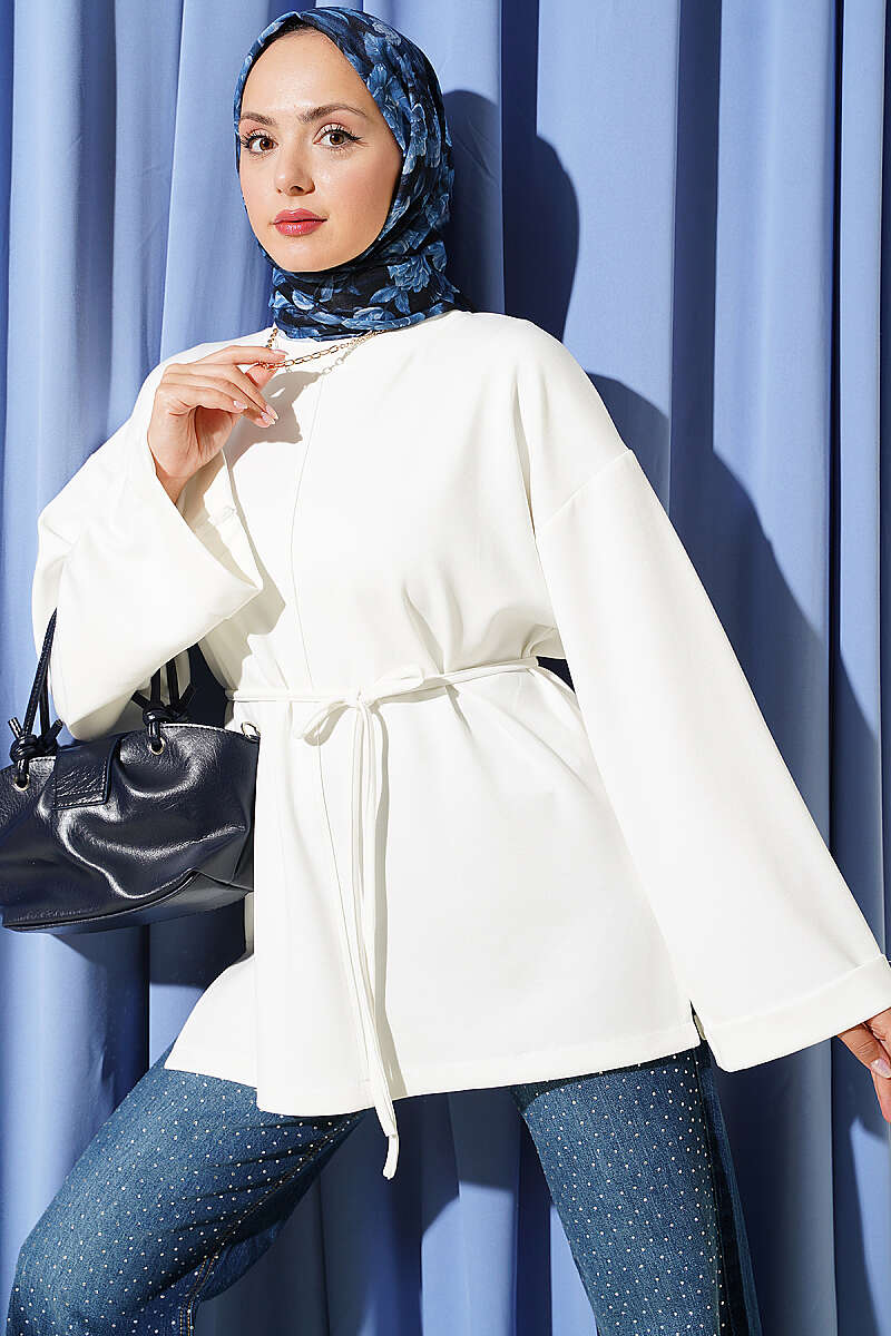 Crew-Neck Tunic with Double Sleeves and Tie Cord - Ecru