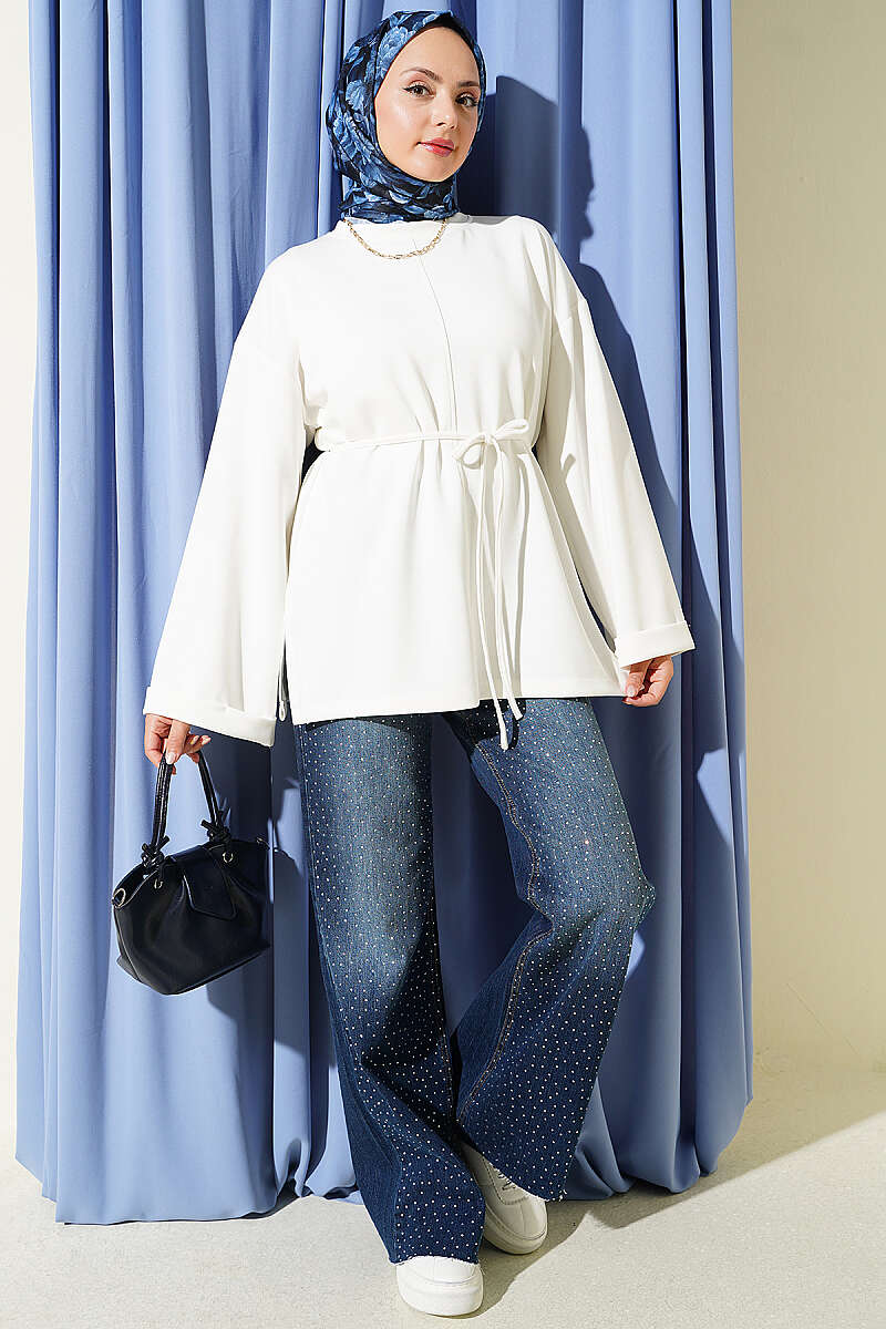 Crew-Neck Tunic with Double Sleeves and Tie Cord - Ecru