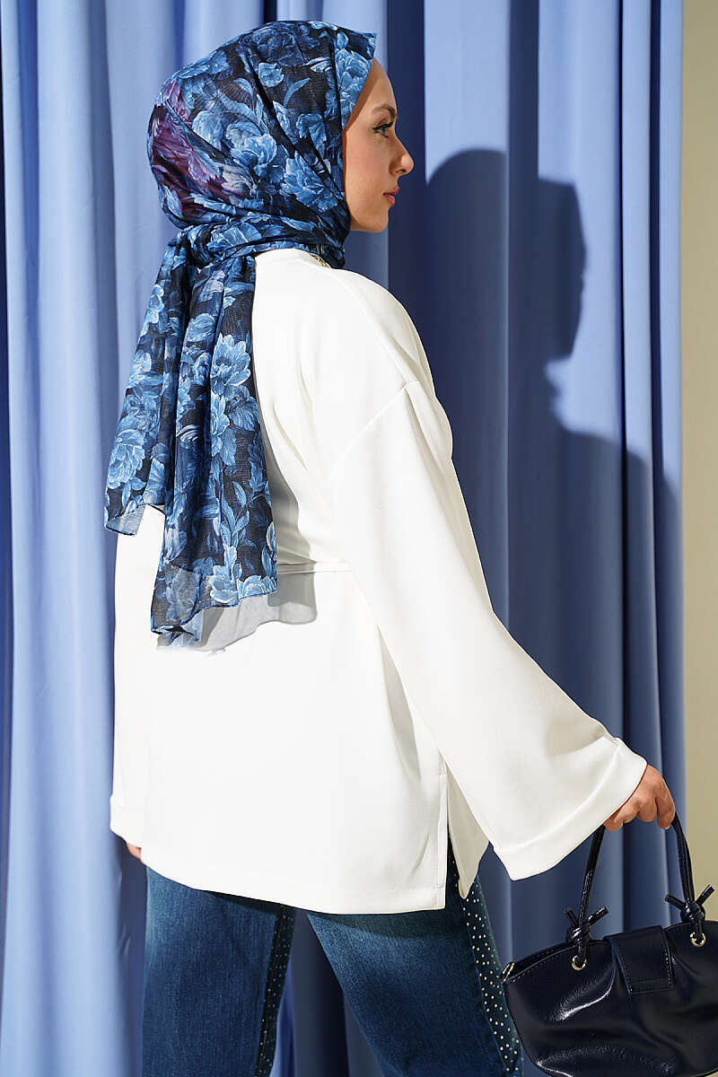 Crew-Neck Tunic with Double Sleeves and Tie Cord - Ecru