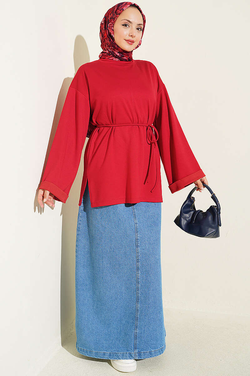 Crew-Neck Tunic with Double Sleeves and Tie Cord - Red