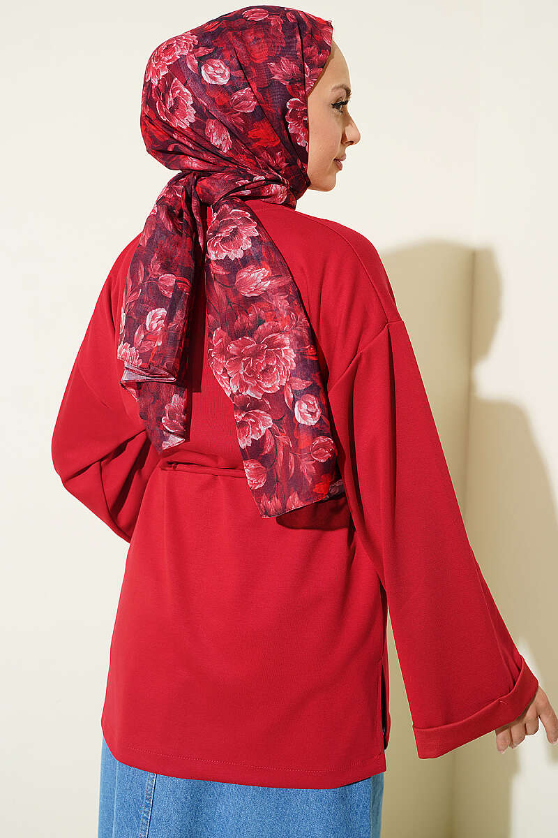 Crew-Neck Tunic with Double Sleeves and Tie Cord - Red