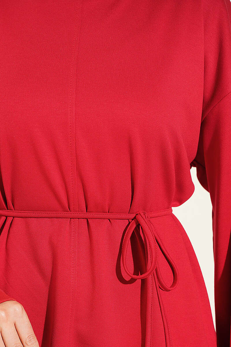 Crew-Neck Tunic with Double Sleeves and Tie Cord - Red