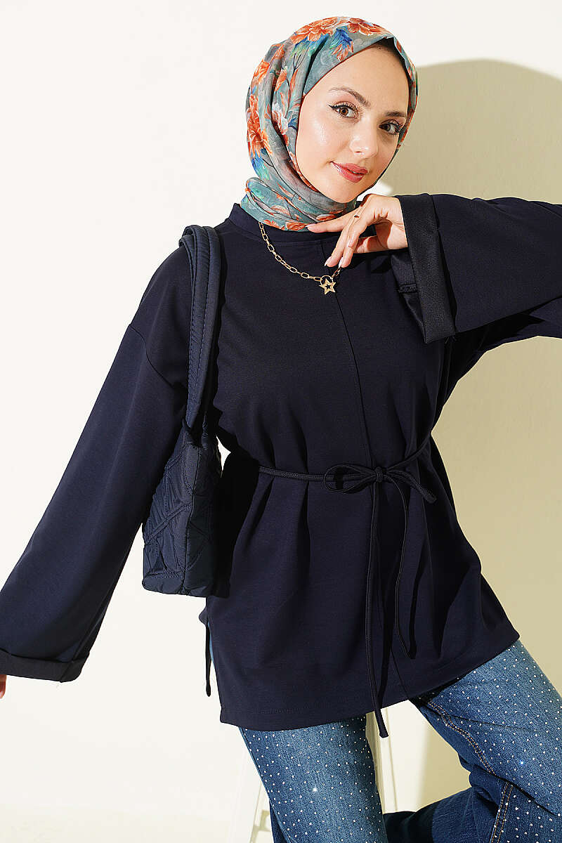 Crew-Neck Tunic with Double Sleeves and Tie Cord - Navy