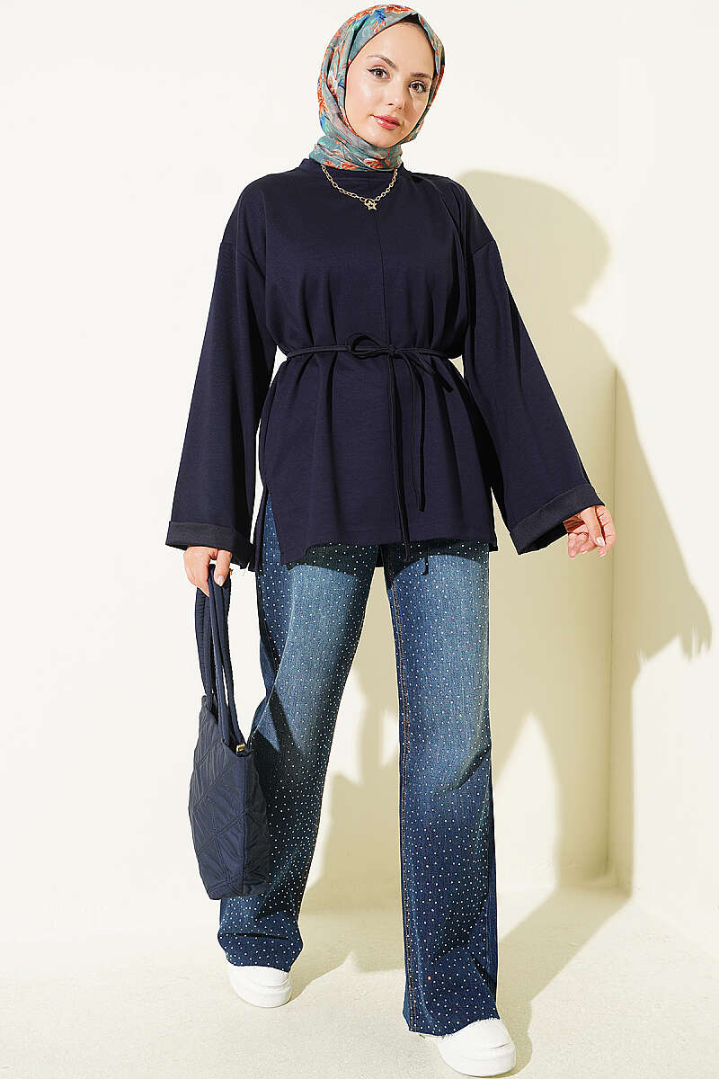 Crew-Neck Tunic with Double Sleeves and Tie Cord - Navy