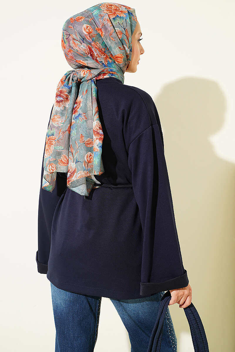 Crew-Neck Tunic with Double Sleeves and Tie Cord - Navy