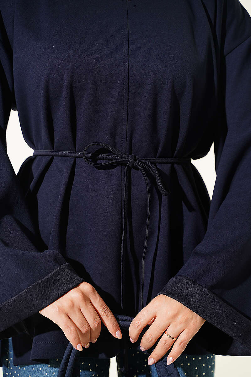 Crew-Neck Tunic with Double Sleeves and Tie Cord - Navy