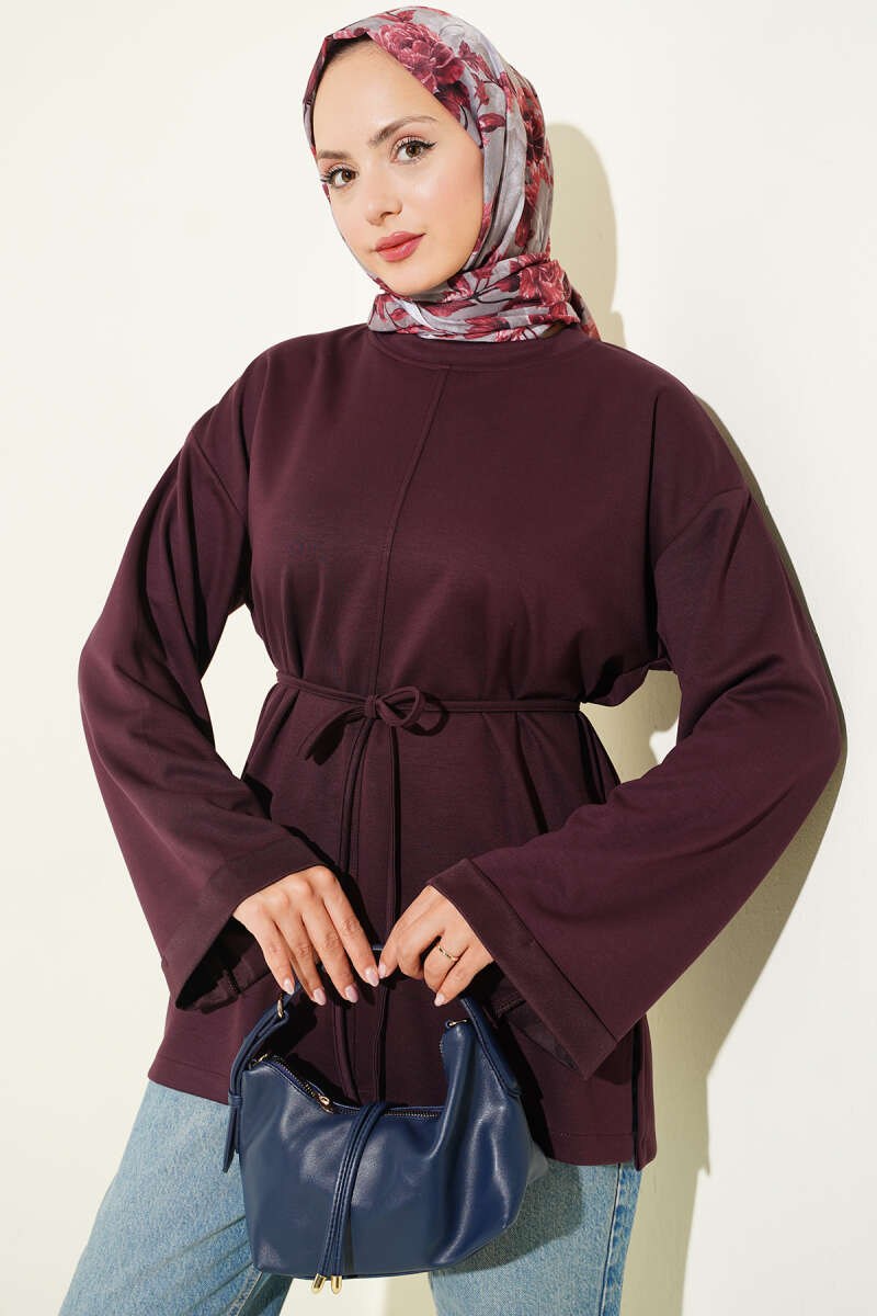 Crew-Neck Tunic with Double Sleeves and Tie Cord - Plum