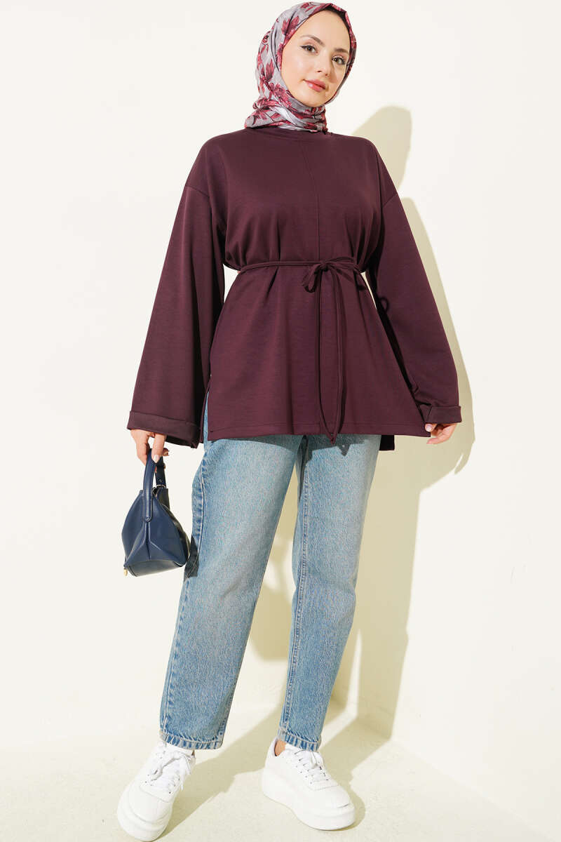 Crew-Neck Tunic with Double Sleeves and Tie Cord - Plum