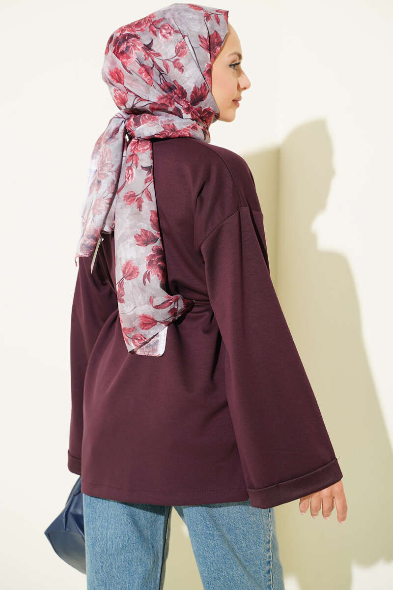 Crew-Neck Tunic with Double Sleeves and Tie Cord - Plum