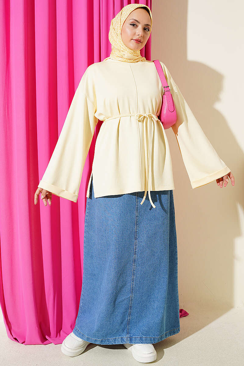 Crew-Neck Tunic with Double Sleeves and Tie Cord - Yellow