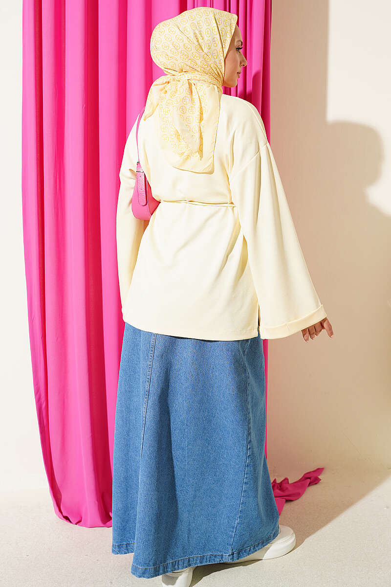 Crew-Neck Tunic with Double Sleeves and Tie Cord - Yellow
