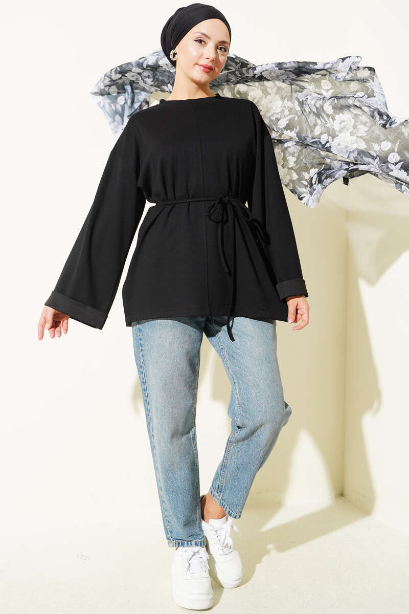 Crew-Neck Tunic with Double Sleeves and Tie Cord - Black