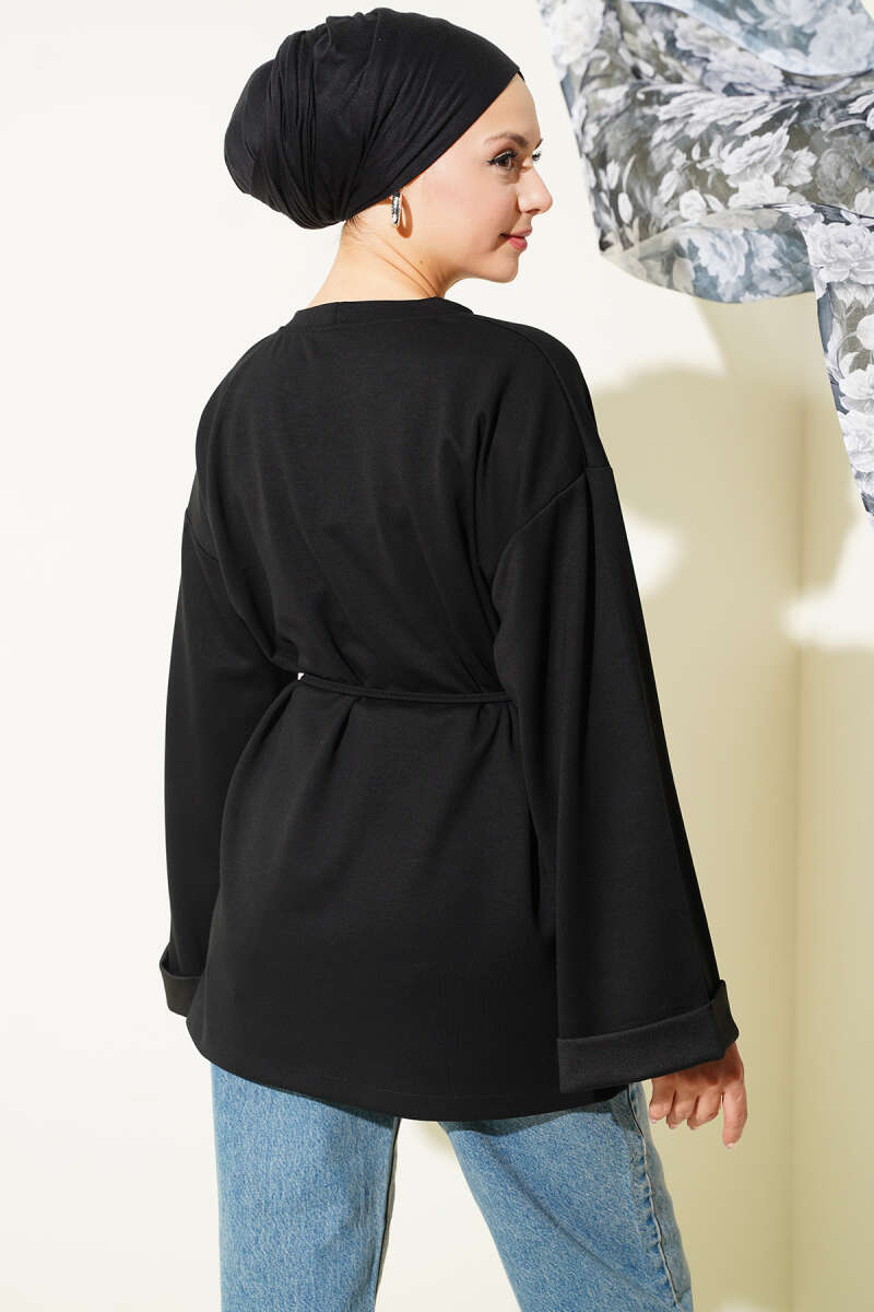 Crew-Neck Tunic with Double Sleeves and Tie Cord - Black