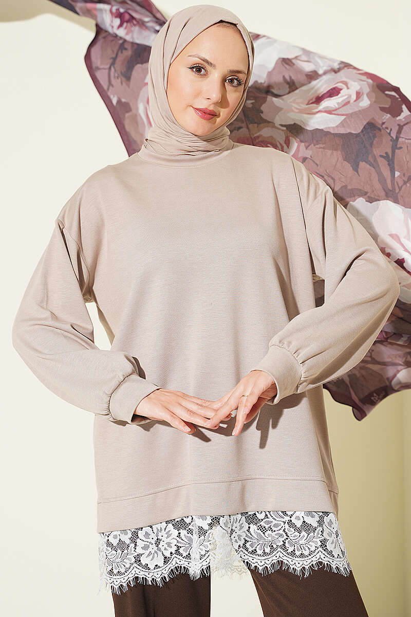 Crew-Neck Tunic with Lace Hem - Beige