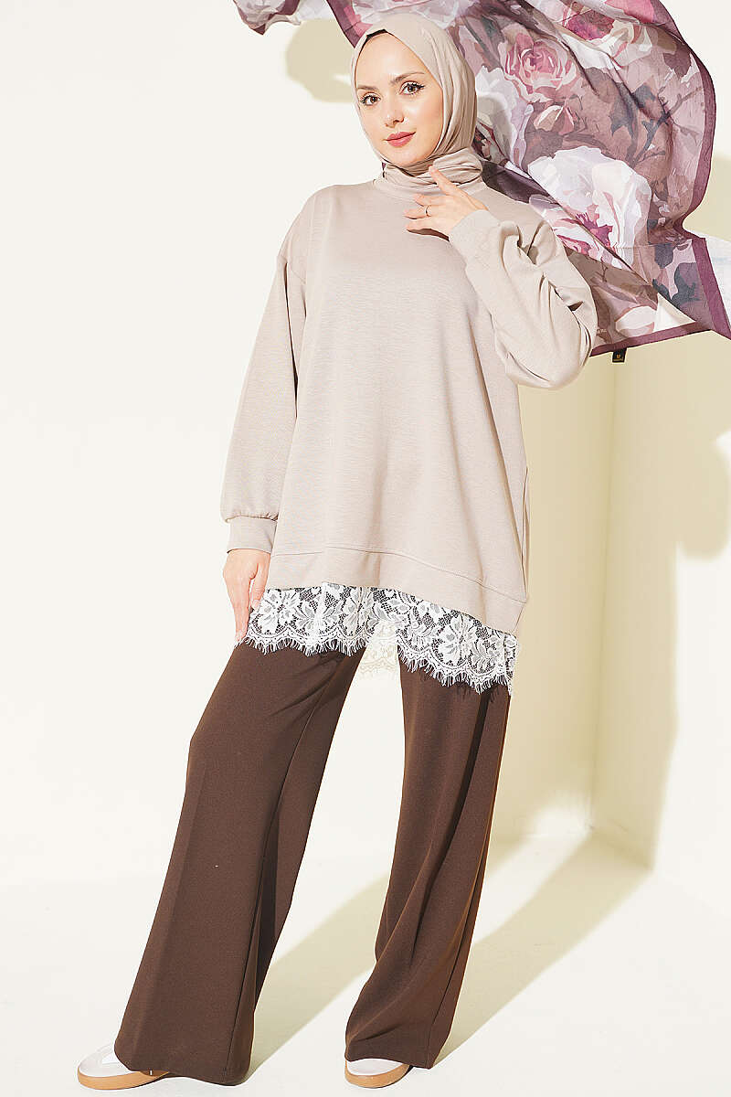 Crew-Neck Tunic with Lace Hem - Beige