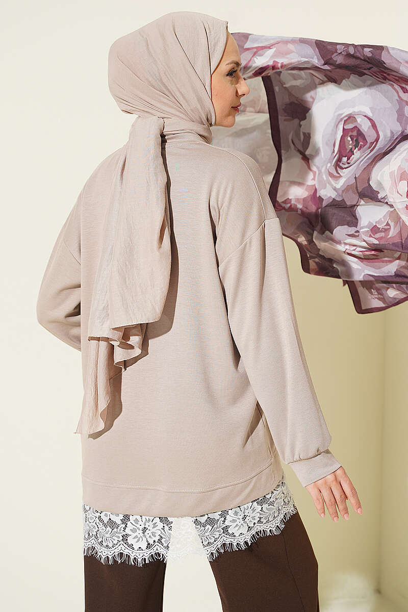 Crew-Neck Tunic with Lace Hem - Beige