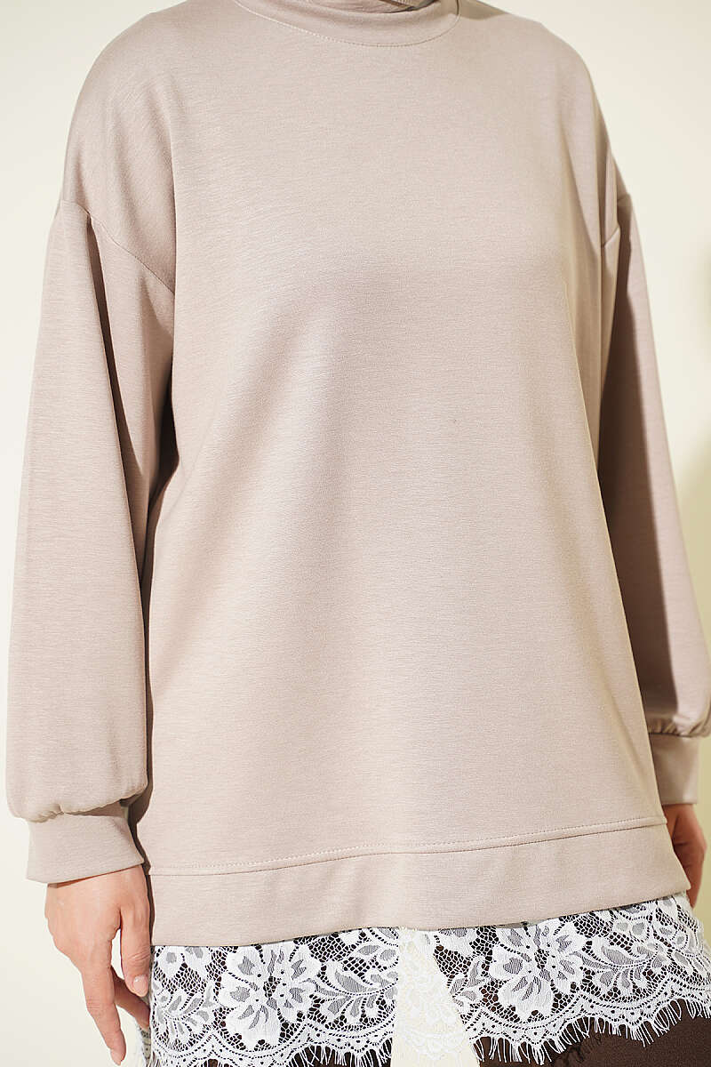 Crew-Neck Tunic with Lace Hem - Beige