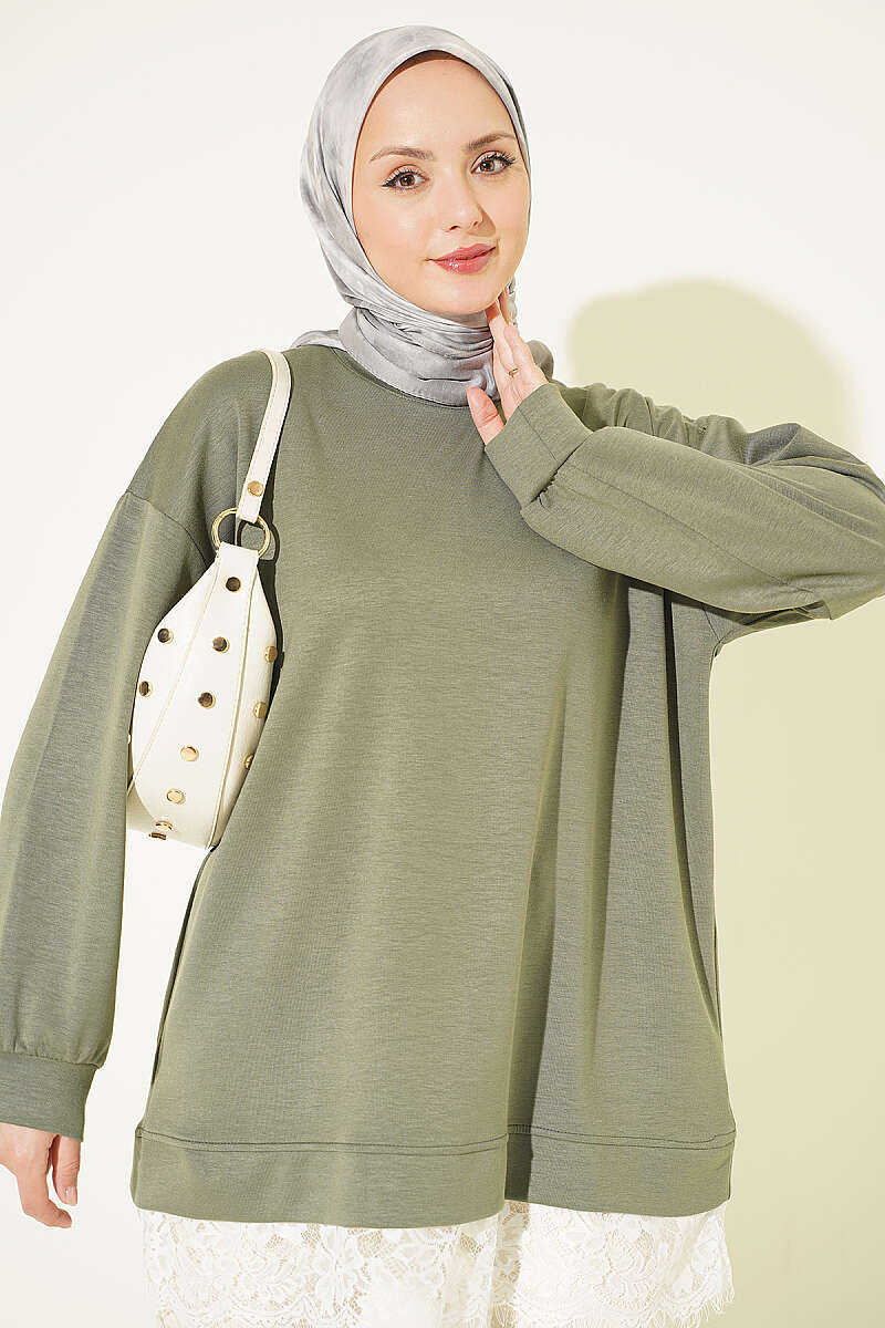 Crew-Neck Tunic with Lace Hem - Khaki
