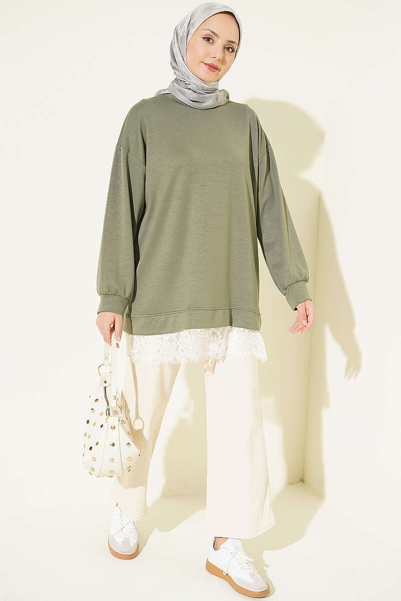 Crew-Neck Tunic with Lace Hem - Khaki