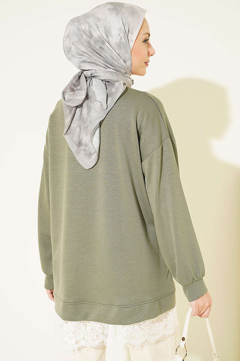 Crew-Neck Tunic with Lace Hem - Khaki