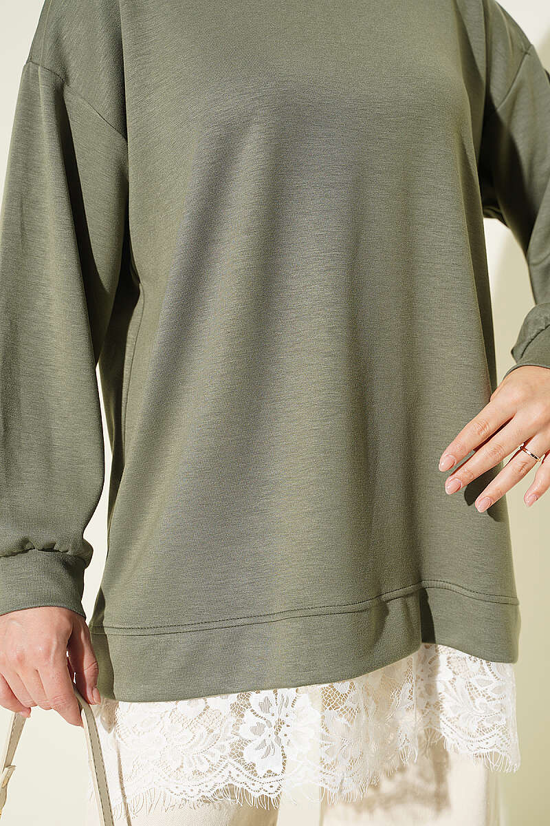 Crew-Neck Tunic with Lace Hem - Khaki