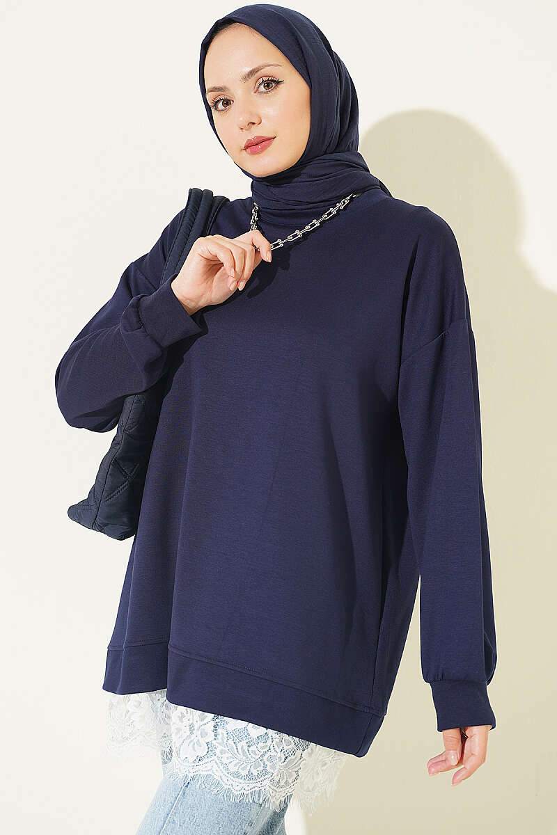 Crew-Neck Tunic with Lace Hem - Navy