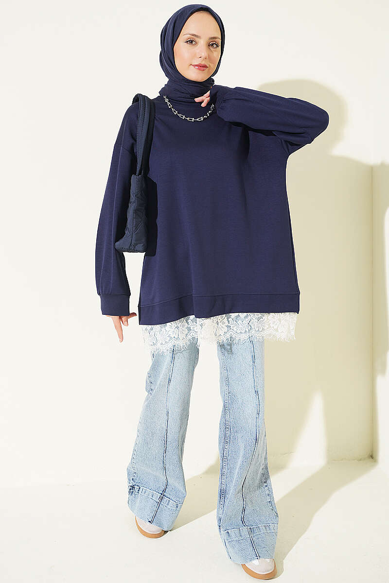 Crew-Neck Tunic with Lace Hem - Navy
