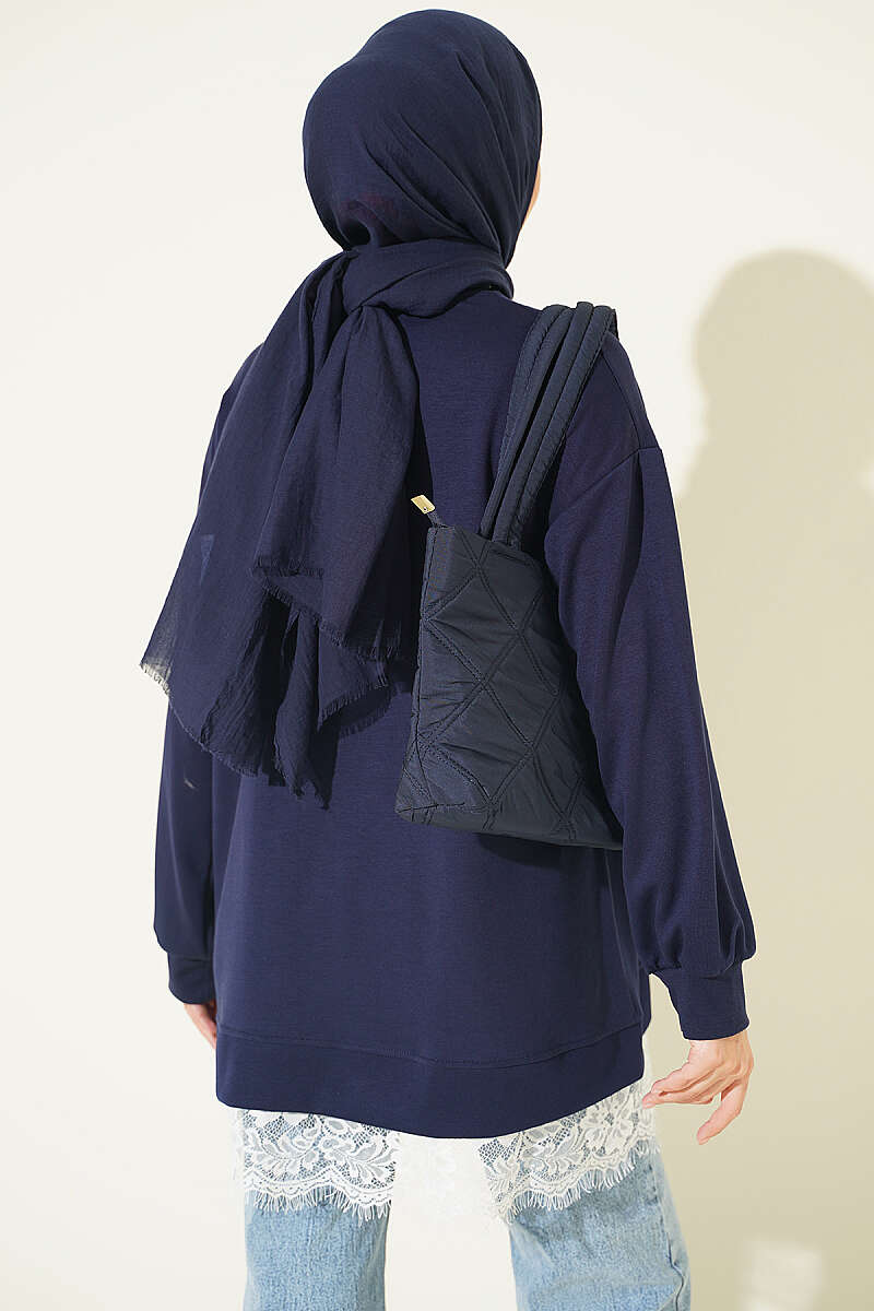 Crew-Neck Tunic with Lace Hem - Navy