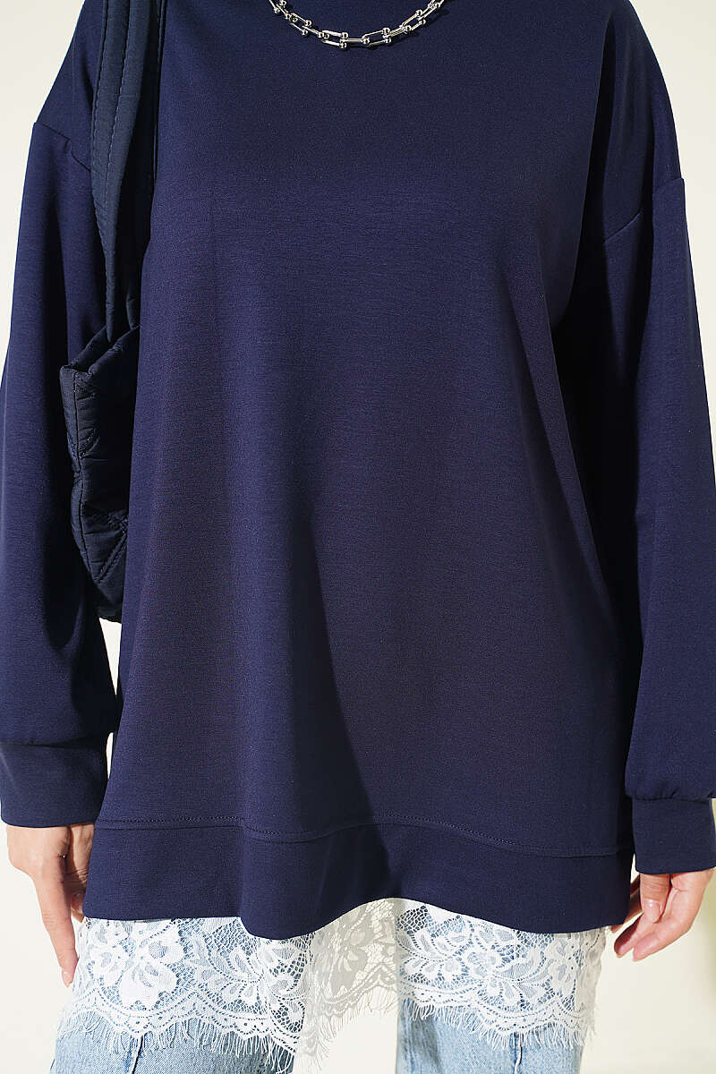 Crew-Neck Tunic with Lace Hem - Navy